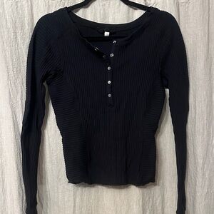 Free People Henley Black Ribbed Long Sleeve Top